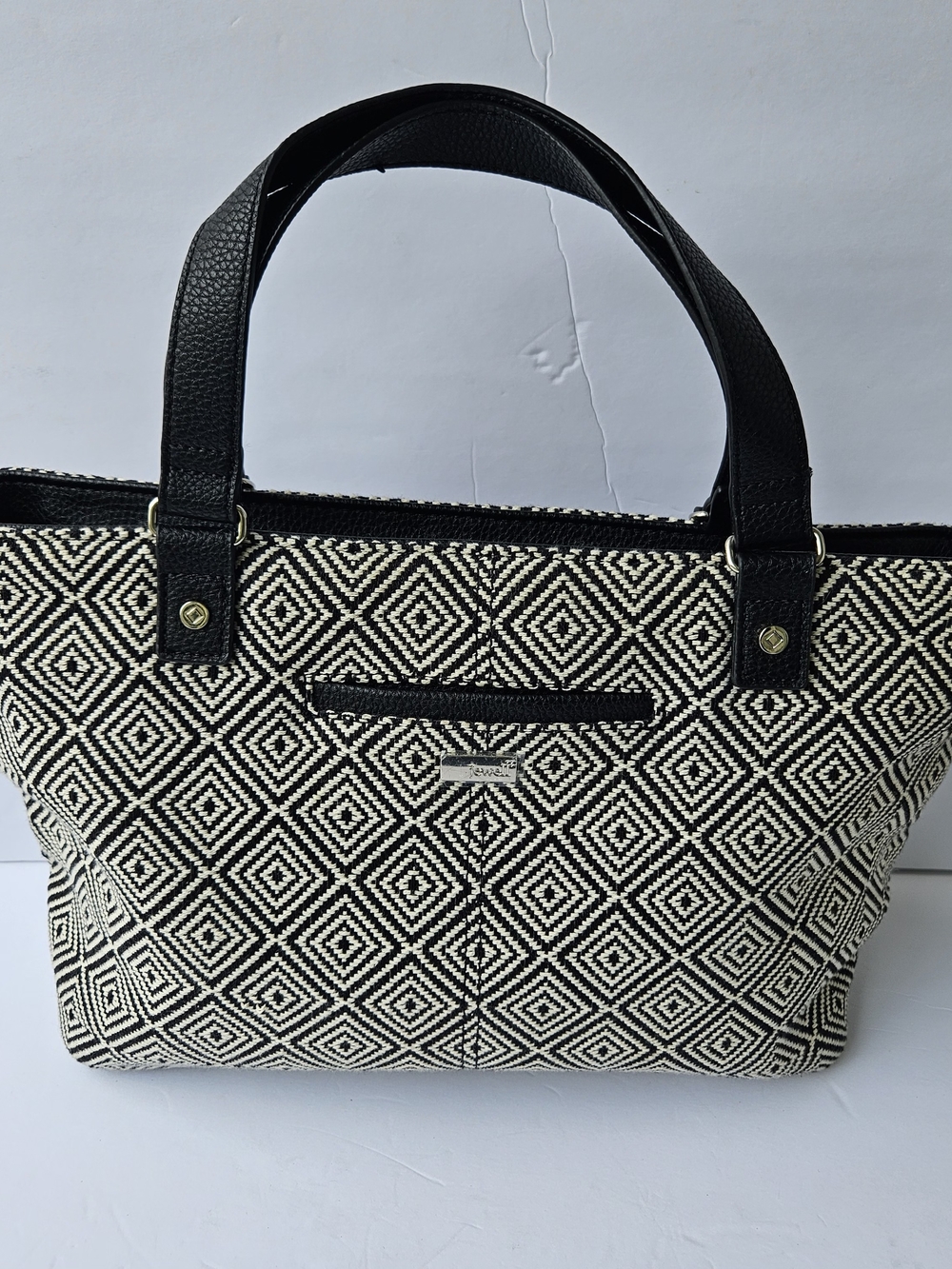 Jewell Geometric Black & White Tote Bag Faux Leather Handles Shoulder Strap